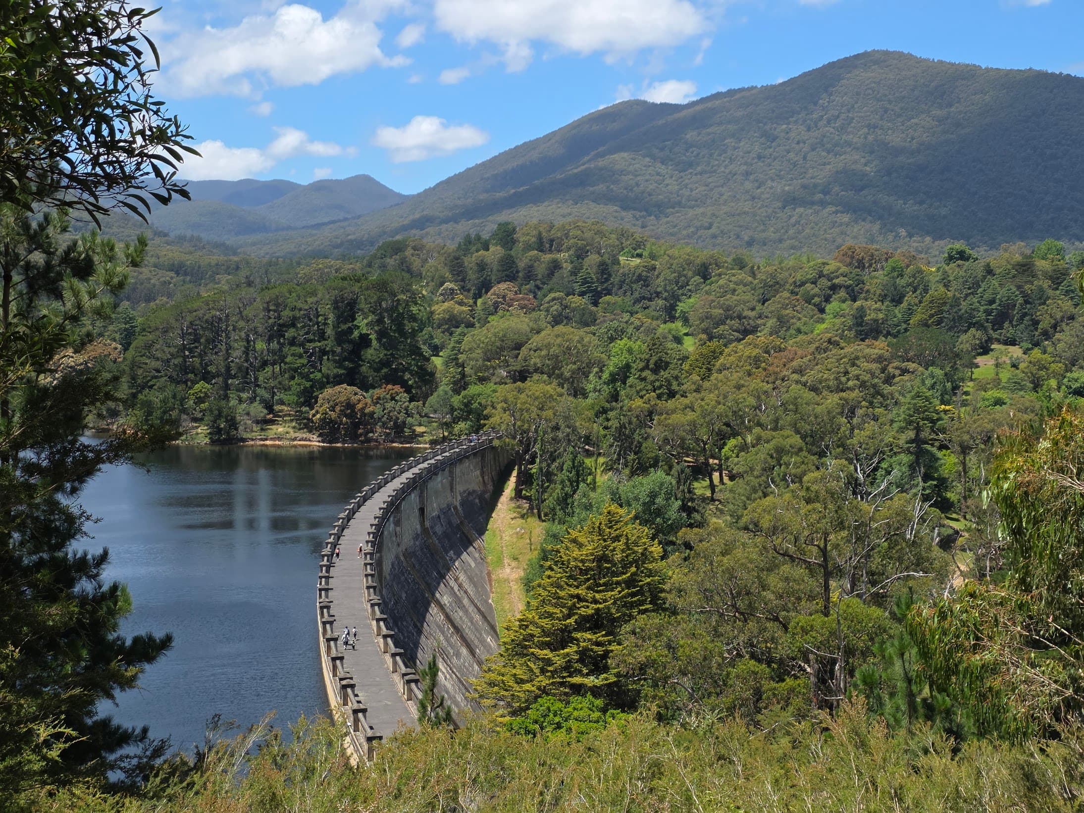 Curved dam wall and reservoir surrounded by forested hills